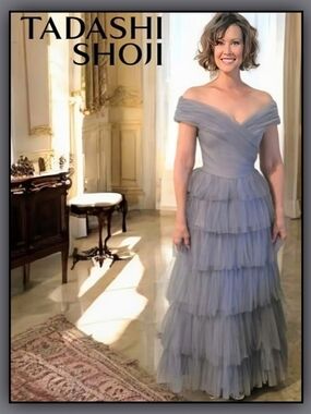 NWOT TADASHI SHOJI Taro Off The Shoulder Tulle Smoky Grey Gown  Size 8